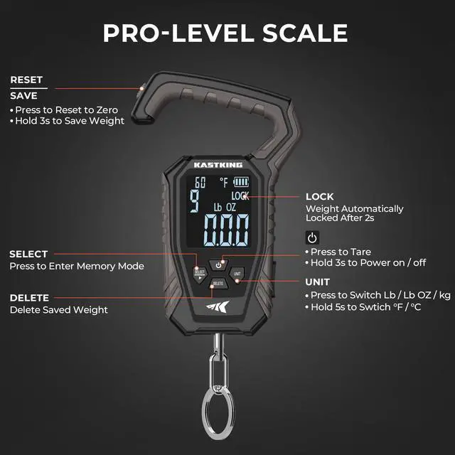 Alt view image 4 of 7 - Weighmaster Mechanical-Digital Fishing Scale with Lip Gripper, 120 lb Capacity, 2.5" Backlit Display, High-Precision Sensor, 9 Weight Memory, Temperature Detection, IPX6 Waterproof