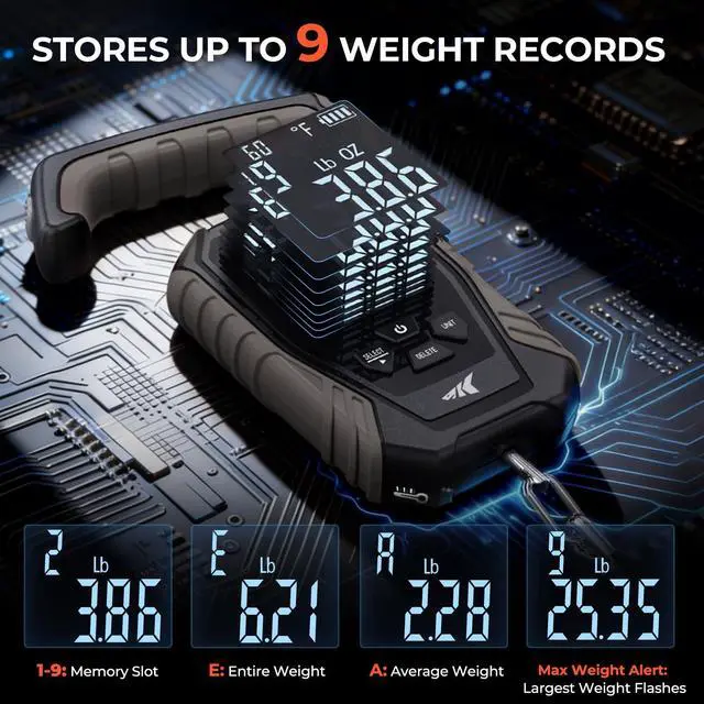 Alt view image 6 of 7 - Weighmaster Mechanical-Digital Fishing Scale with Lip Gripper, 120 lb Capacity, 2.5" Backlit Display, High-Precision Sensor, 9 Weight Memory, Temperature Detection, IPX6 Waterproof