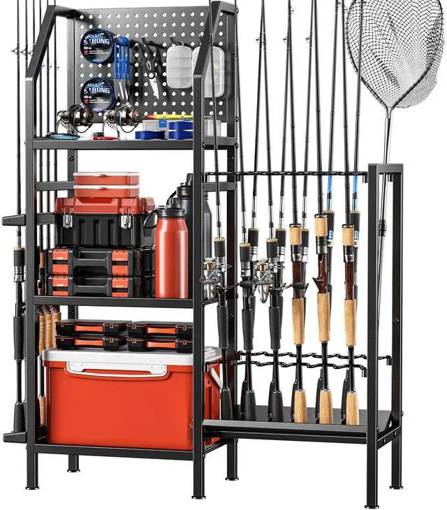 Main image of Fishing Rod Holders for Garage,Fishing Rod Rack Storage up to 18 Rods,3 Tier Adjust Heavy Duty Metal Fish Pole Stand Organizer with Pegboard for Fishing Gear and Equipment Accessories