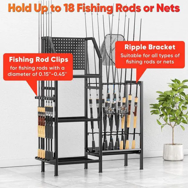 Alt view image 4 of 6 - Fishing Rod Holders for Garage,Fishing Rod Rack Storage up to 18 Rods,3 Tier Adjust Heavy Duty Metal Fish Pole Stand Organizer with Pegboard for Fishing Gear and Equipment Accessories
