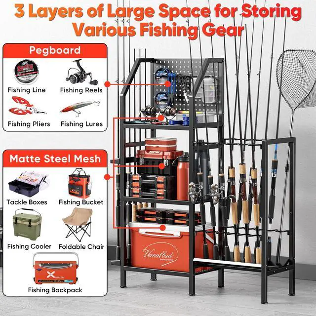 Alt view image 3 of 6 - Fishing Rod Holders for Garage,Fishing Rod Rack Storage up to 18 Rods,3 Tier Adjust Heavy Duty Metal Fish Pole Stand Organizer with Pegboard for Fishing Gear and Equipment Accessories