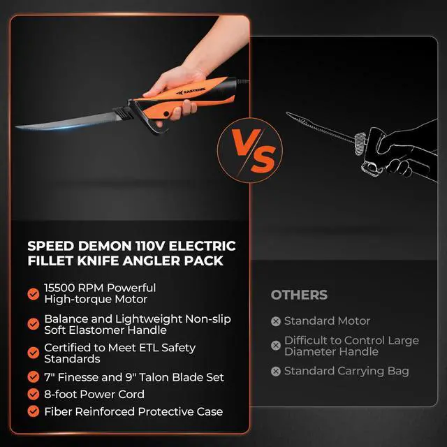 Alt view image 2 of 7 - Speed Demon 110v Electric Fillet Knife, Precision Cut with High Torque Motor, ETL Certified Safety, Balanced Lightweight Handle, 2 Sets of Stainless-steel Blades
