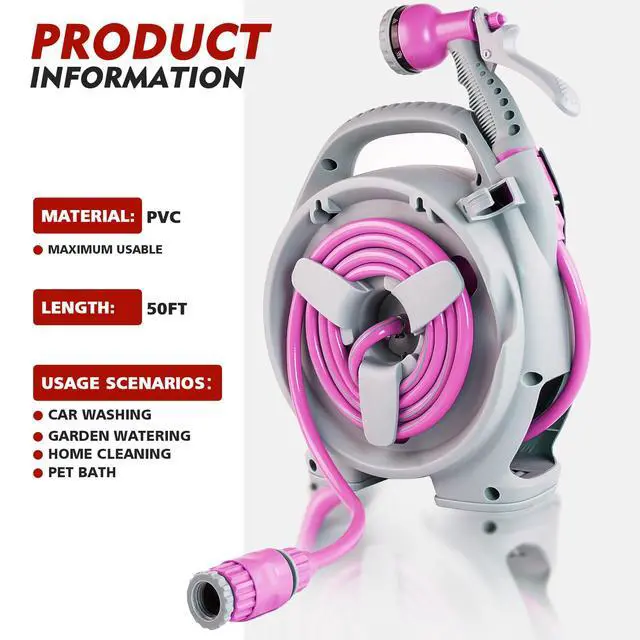 Alt view image 6 of 7 - 50FT Retractable Garden Hose Reel, Lightweight & Portable Hose Reel with 6 Patterns Spray Nozzle, Suitable for US Standard Hose Connection