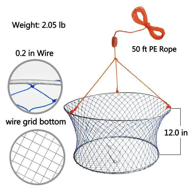 Alt view image 3 of 7 - Wire Grid Bottom Crab Nets Two Ring Crab Kit with Harness and Bait Clip 24 X 20 X 12
