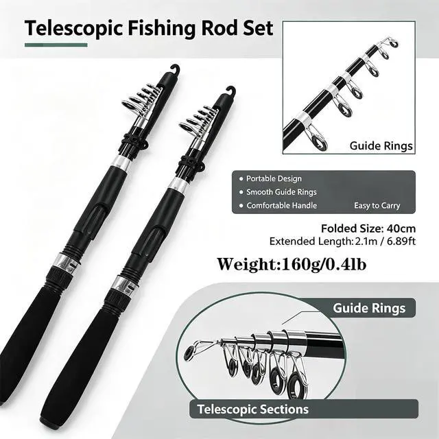 Alt view image 2 of 6 - Fishing Pole Combo Set,2.1m/6.89ft 2PCS Collapsible Rods 2PCS Spinning Reels Lures Set Carrier Bag Carbon Fiber Telescopic Fishing Rods Sea Saltwater Freshwater Kit Fishing Rod Reel Combos