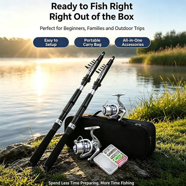 Alt view image 4 of 6 - Fishing Pole Combo Set,2.1m/6.89ft 2PCS Collapsible Rods 2PCS Spinning Reels Lures Set Carrier Bag Carbon Fiber Telescopic Fishing Rods Sea Saltwater Freshwater Kit Fishing Rod Reel Combos
