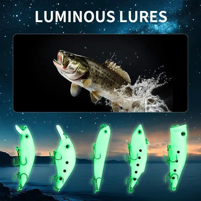 Alt view image 4 of 7 - Fishing Artificial Lures Kit Mixed Including Front Diving Fin Minnow Surface Popper Crank Baits Pencil VIB with Hook and Soft Lures Accessories for Saltwater Freshwater Trout Bass Tackle Gift Set