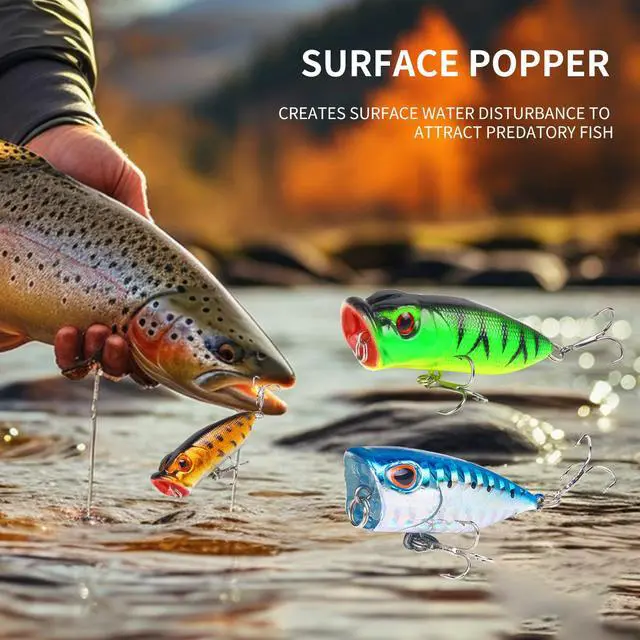 Alt view image 6 of 7 - Fishing Artificial Lures Kit Mixed Including Front Diving Fin Minnow Surface Popper Crank Baits Pencil VIB with Hook and Soft Lures Accessories for Saltwater Freshwater Trout Bass Tackle Gift Set