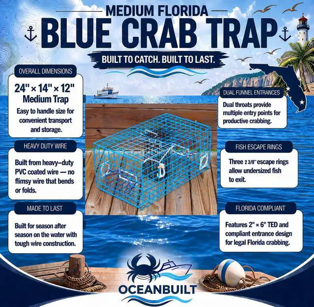 Alt view image 2 of 5 - Florida Medium Blue Crab Trap 24 x 14 x 11 Crab Pot for Recreational Crabbing Two-Throat Entry Fishing Trap PVC Coated Wire Saltwater Crab Trap