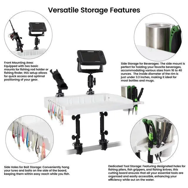 Alt view image 6 of 7 - Bait Board Set with Mounts & Extenders White Cutting Board for Bass, Center Console, Pontoon Boats Great for Fishing, Filleting, Outdoor Cooking (Square Rail Mount Set)
