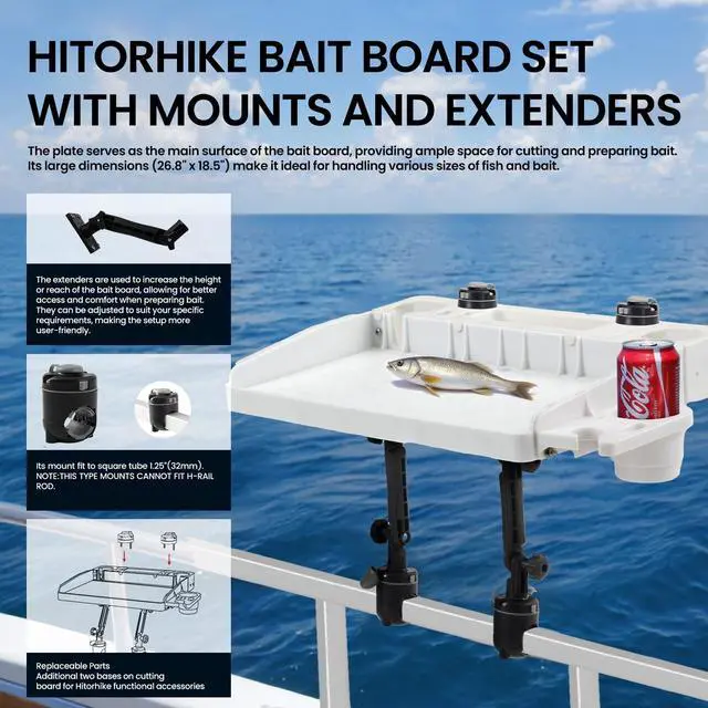 Alt view image 7 of 7 - Bait Board Set with Mounts & Extenders White Cutting Board for Bass, Center Console, Pontoon Boats Great for Fishing, Filleting, Outdoor Cooking (Square Rail Mount Set)