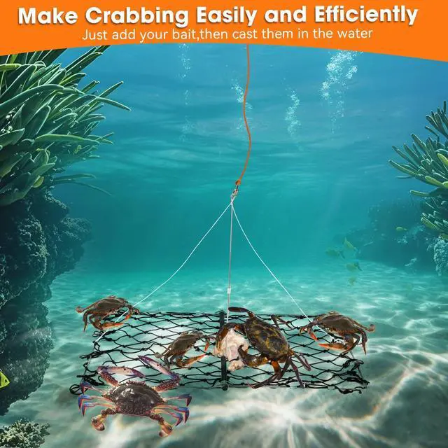 Alt view image 4 of 7 - 2 Set Castable Crab Trap Kit, Foldable Crabbing Net with Rope & Bait Clip, Crab Snare/Pots/Traps for Blue Crabs, Dungeness, Crawfish Portable Crabbing Equipment