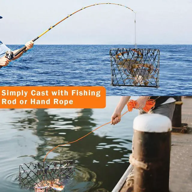 Alt view image 3 of 7 - 2 Set Castable Crab Trap Kit, Foldable Crabbing Net with Rope & Bait Clip, Crab Snare/Pots/Traps for Blue Crabs, Dungeness, Crawfish Portable Crabbing Equipment