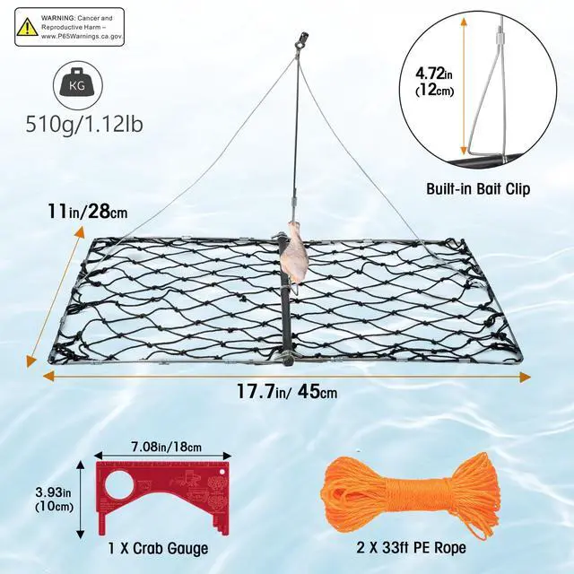 Alt view image 7 of 7 - 2 Set Castable Crab Trap Kit, Foldable Crabbing Net with Rope & Bait Clip, Crab Snare/Pots/Traps for Blue Crabs, Dungeness, Crawfish Portable Crabbing Equipment