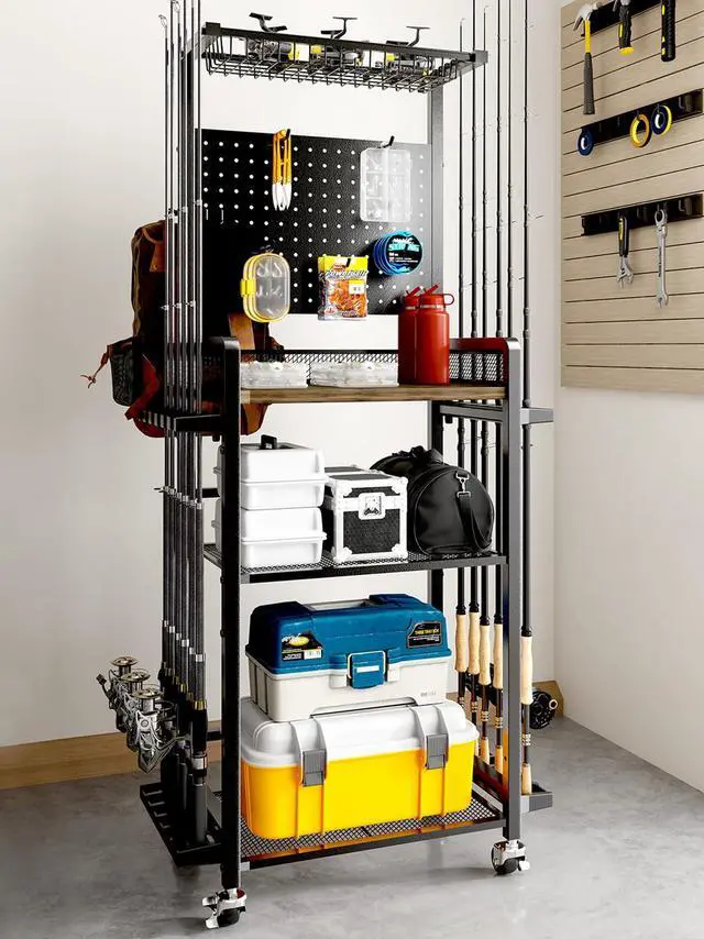Main image of Fishing Rod Holders for Garage,Fishing Gear Holder for Fishing Rod Tackle Box StorageFishing Pole Holders for 12 Rods with Hooks and Pegboard,Fishing Cart with Reel Rack, Standard Size