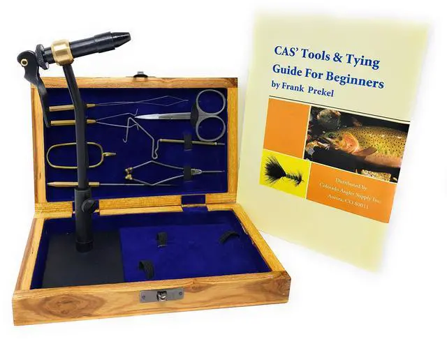 Main image of Colorado Anglers Fly Tying Standard Tool Kit with Wooden Box & Book, Rotary Vise, Bobbin, Scissors, Whip Finisher, Complete Set for Beginners & Pros