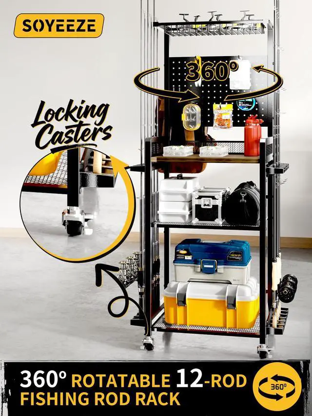 Alt view image 2 of 7 - Fishing Rod Holders for Garage,Fishing Gear Holder for Fishing Rod Tackle Box StorageFishing Pole Holders for 12 Rods with Hooks and Pegboard,Fishing Cart with Reel Rack, Standard Size