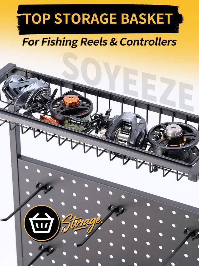 Alt view image 4 of 7 - Fishing Rod Holders for Garage,Fishing Gear Holder for Fishing Rod Tackle Box StorageFishing Pole Holders for 12 Rods with Hooks and Pegboard,Fishing Cart with Reel Rack, Standard Size