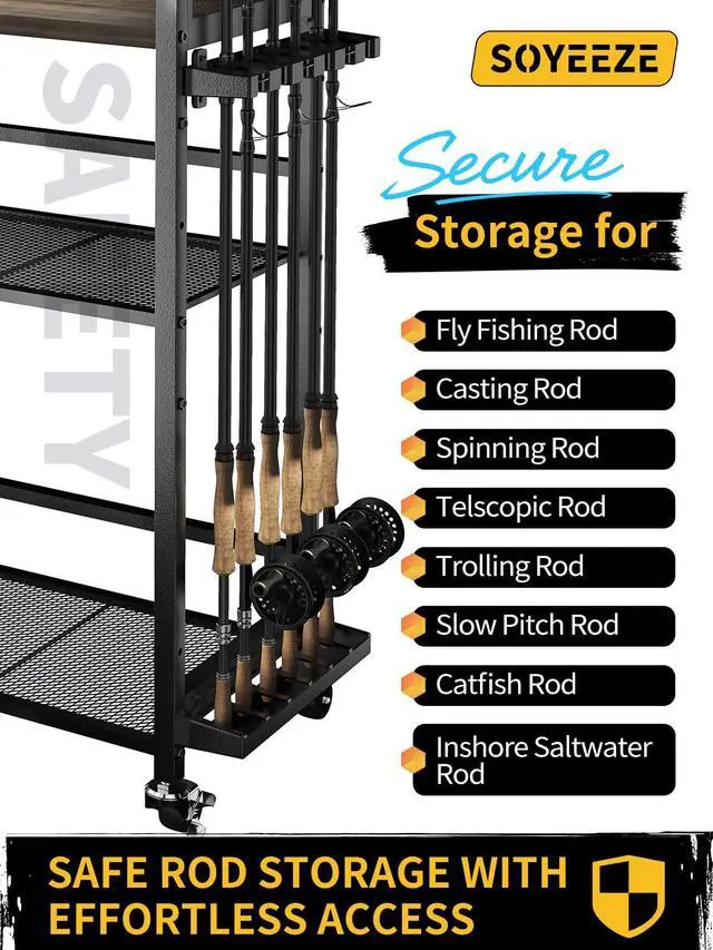 Alt view image 5 of 7 - Fishing Rod Holders for Garage,Fishing Gear Holder for Fishing Rod Tackle Box StorageFishing Pole Holders for 12 Rods with Hooks and Pegboard,Fishing Cart with Reel Rack, Standard Size