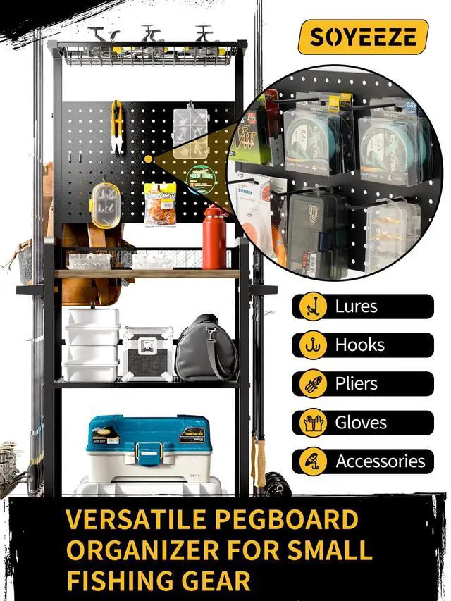 Alt view image 3 of 7 - Fishing Rod Holders for Garage,Fishing Gear Holder for Fishing Rod Tackle Box StorageFishing Pole Holders for 12 Rods with Hooks and Pegboard,Fishing Cart with Reel Rack, Standard Size