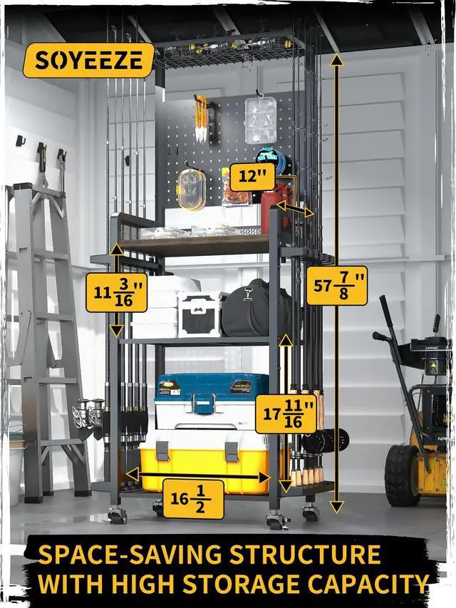 Alt view image 6 of 7 - Fishing Rod Holders for Garage,Fishing Gear Holder for Fishing Rod Tackle Box StorageFishing Pole Holders for 12 Rods with Hooks and Pegboard,Fishing Cart with Reel Rack, Standard Size
