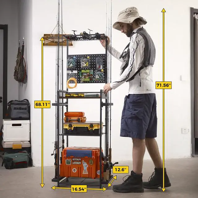 Alt view image 2 of 7 - Fishing Rod Holders for Garage, Fishing Rod Rack Hold Up to 12 Rods, 3 Tier Shelf, Pegboard and Wooden Countertops Designied for Fishing Pole Tackle Box Reel Line Storage, Fishing Gift