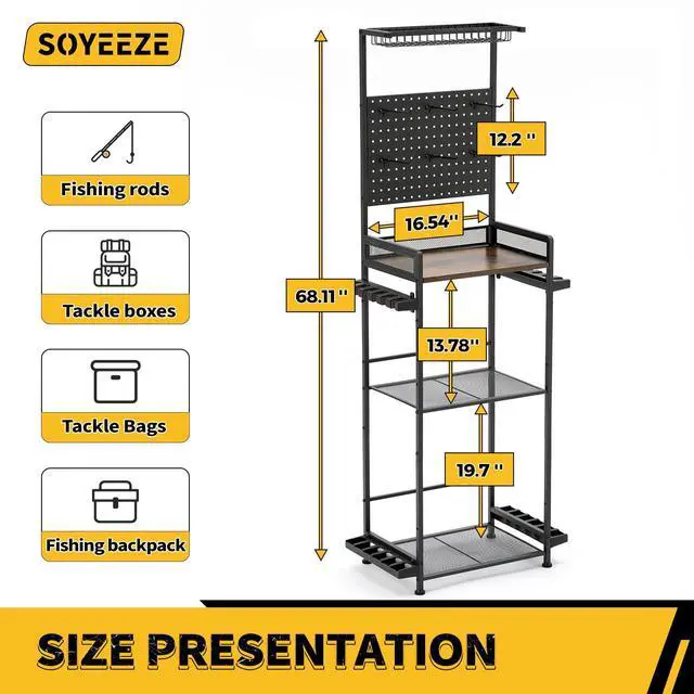 Alt view image 3 of 7 - Fishing Rod Holders for Garage, Fishing Rod Rack Hold Up to 12 Rods, 3 Tier Shelf, Pegboard and Wooden Countertops Designied for Fishing Pole Tackle Box Reel Line Storage, Fishing Gift