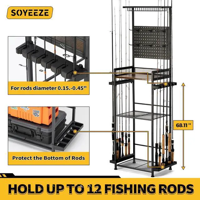 Alt view image 4 of 7 - Fishing Rod Holders for Garage, Fishing Rod Rack Hold Up to 12 Rods, 3 Tier Shelf, Pegboard and Wooden Countertops Designied for Fishing Pole Tackle Box Reel Line Storage, Fishing Gift