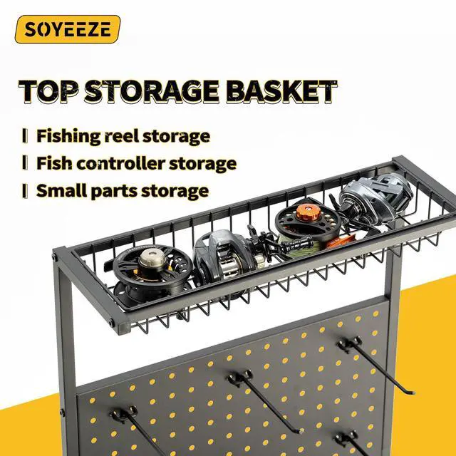 Alt view image 6 of 7 - Fishing Rod Holders for Garage, Fishing Rod Rack Hold Up to 12 Rods, 3 Tier Shelf, Pegboard and Wooden Countertops Designied for Fishing Pole Tackle Box Reel Line Storage, Fishing Gift