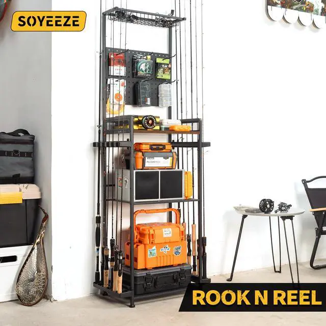 Alt view image 7 of 7 - Fishing Rod Holders for Garage, Fishing Rod Rack Hold Up to 12 Rods, 3 Tier Shelf, Pegboard and Wooden Countertops Designied for Fishing Pole Tackle Box Reel Line Storage, Fishing Gift