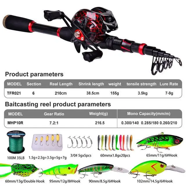 Alt view image 4 of 6 - Fishing Rod and Reel Combo, 6.9ft Carbon Fiber Telescopic Fishing Pole with Spinning/Baitcasting Reel Combos, Sea Saltwater Freshwater Ice Bass Fishing Tackle Set Fishing Rods Kit