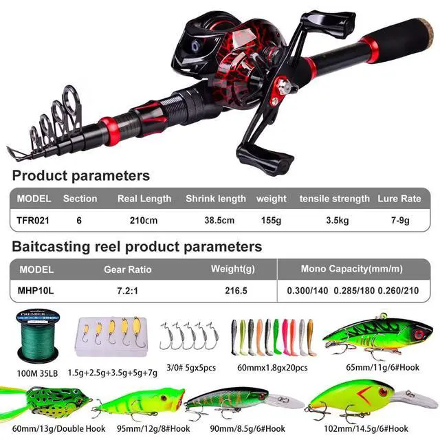 Alt view image 4 of 6 - Fishing Rod and Reel Combo, 6.9ft Carbon Fiber Telescopic Fishing Pole with Spinning/Baitcasting Reel Combos, Sea Saltwater Freshwater Ice Bass Fishing Tackle Set Fishing Rods Kit