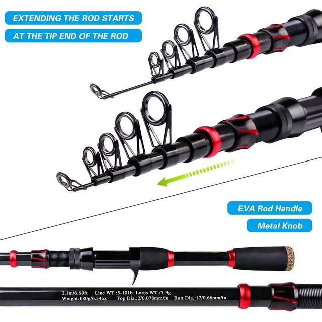 Alt view image 6 of 6 - Fishing Rod and Reel Combo, 6.9ft Carbon Fiber Telescopic Fishing Pole with Spinning/Baitcasting Reel Combos, Sea Saltwater Freshwater Ice Bass Fishing Tackle Set Fishing Rods Kit