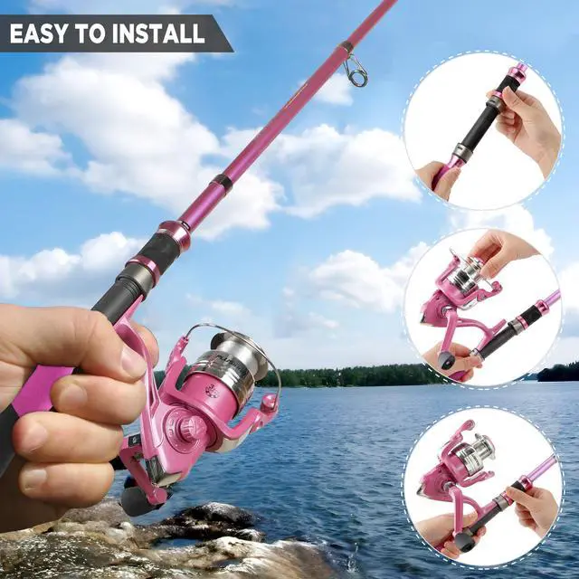 Alt view image 3 of 7 - Fishing Rod and Reel Combos, Fishing Gear Gifts for Women with Spinning Reel, Lures, Line, Pink Ladies Telescopic Pole Kit Designed for Girls Adults by