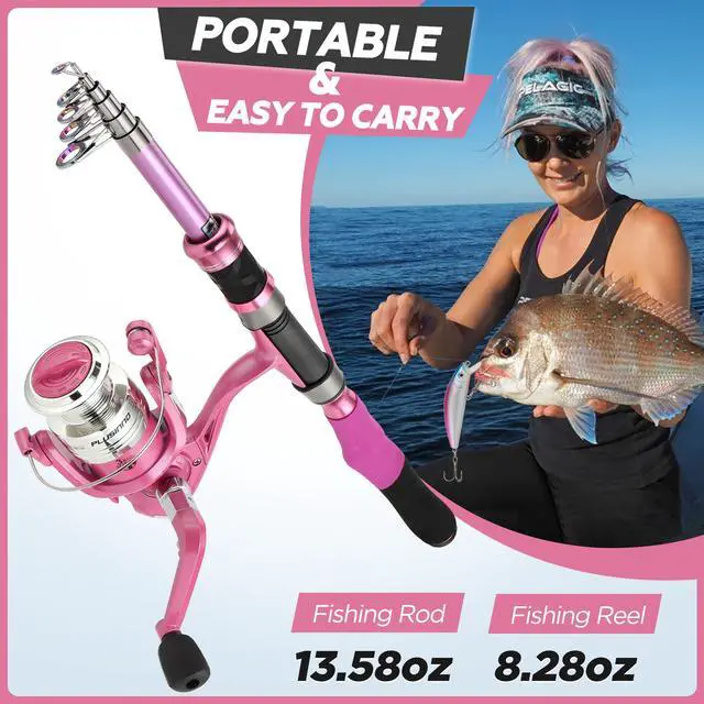 Alt view image 6 of 7 - Fishing Rod and Reel Combos, Fishing Gear Gifts for Women with Spinning Reel, Lures, Line, Pink Ladies Telescopic Pole Kit Designed for Girls Adults by