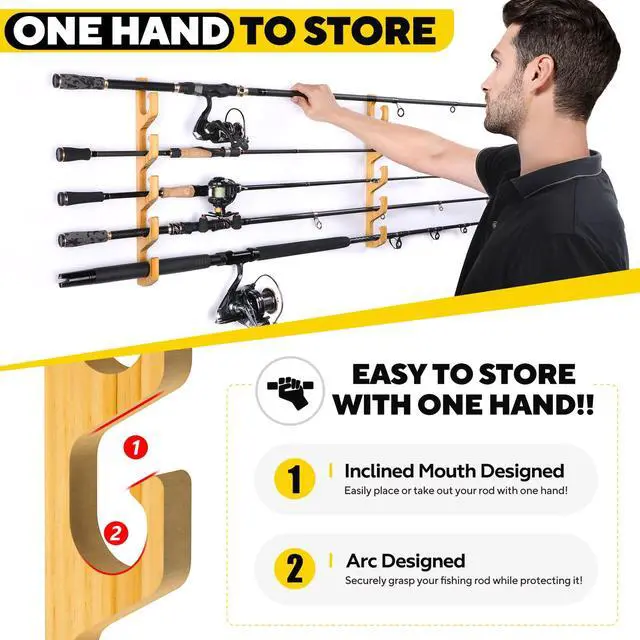 Alt view image 4 of 7 - H5W Horizontal Fishing Rod/Pole Holders for Garage, Wall or Ceiling Mounted Rack, Solid Wood Fishing Rod Holder Holds up to 5/10/20 Rods or Combos Fishing Gear, Gifts for Men
