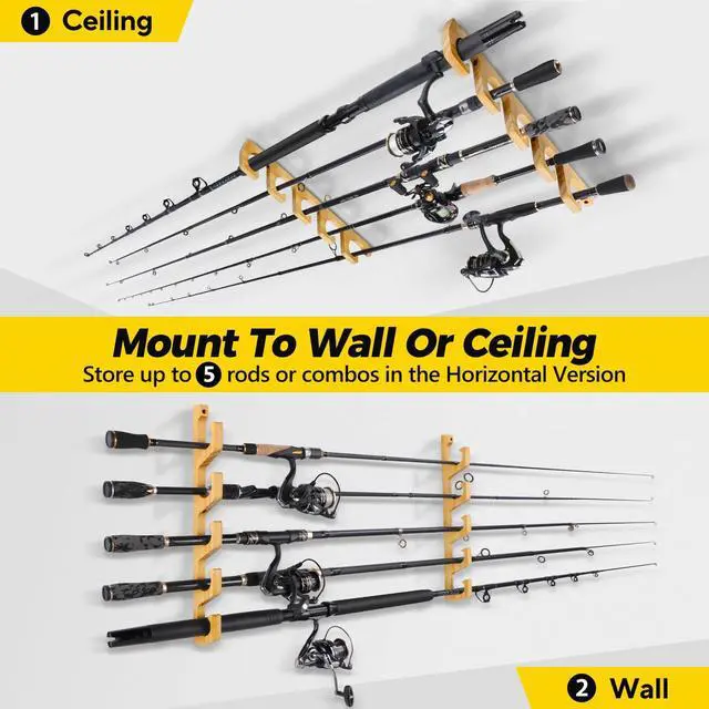 Alt view image 6 of 7 - H5W Horizontal Fishing Rod/Pole Holders for Garage, Wall or Ceiling Mounted Rack, Solid Wood Fishing Rod Holder Holds up to 5/10/20 Rods or Combos Fishing Gear, Gifts for Men