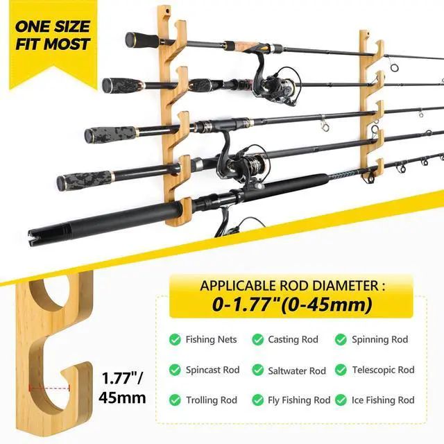 Alt view image 5 of 7 - H5W Horizontal Fishing Rod/Pole Holders for Garage, Wall or Ceiling Mounted Rack, Solid Wood Fishing Rod Holder Holds up to 5/10/20 Rods or Combos Fishing Gear, Gifts for Men