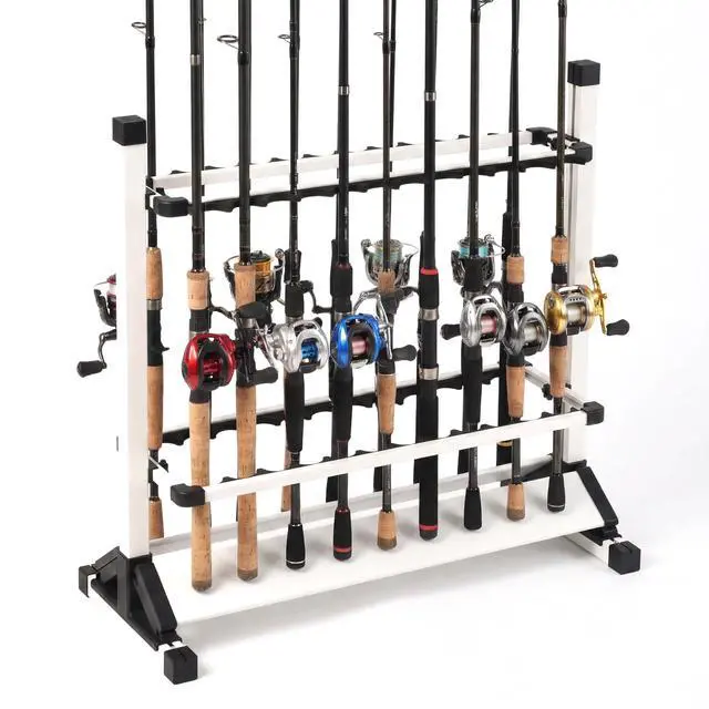 Main image of 24-Rod Aluminum Fishing Rod/Pole Holder, Rustproof Fishing Rod Rack with 360° Lockable Wheels, Multi-Functional Storage Organizer for Garage & Home, Fits Most Rods & Golf Clubs (White)