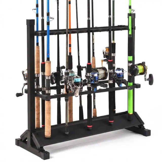 Main image of 24-Rod Aluminum Fishing Rod/Pole Holder, Rustproof Fishing Rod Rack with 360° Lockable Wheels, Multi-Functional Storage Organizer for Garage & Home, Fits Most Rods & Golf Clubs (Black)