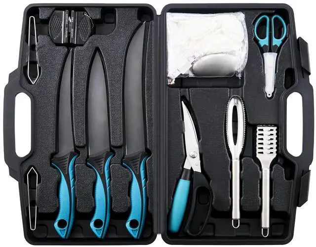 Main image of Fish Fillet Knife Set Curved Flex 7 inch 9 inch Filet Knife for Filleting and Boning, Non-Slip Handles, Includes Fishing Braid Line Scissors, Fish Dressing Scissors, Filleting Pad