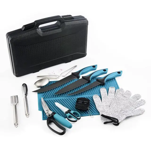 Alt view image 2 of 7 - Fish Fillet Knife Set Curved Flex 7 inch 9 inch Filet Knife for Filleting and Boning, Non-Slip Handles, Includes Fishing Braid Line Scissors, Fish Dressing Scissors, Filleting Pad