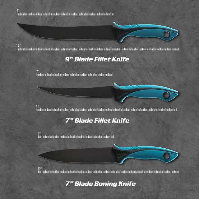 Alt view image 3 of 7 - Fish Fillet Knife Set Curved Flex 7 inch 9 inch Filet Knife for Filleting and Boning, Non-Slip Handles, Includes Fishing Braid Line Scissors, Fish Dressing Scissors, Filleting Pad