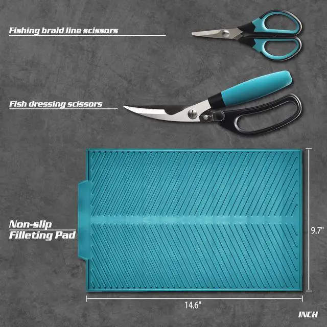 Alt view image 4 of 7 - Fish Fillet Knife Set Curved Flex 7 inch 9 inch Filet Knife for Filleting and Boning, Non-Slip Handles, Includes Fishing Braid Line Scissors, Fish Dressing Scissors, Filleting Pad