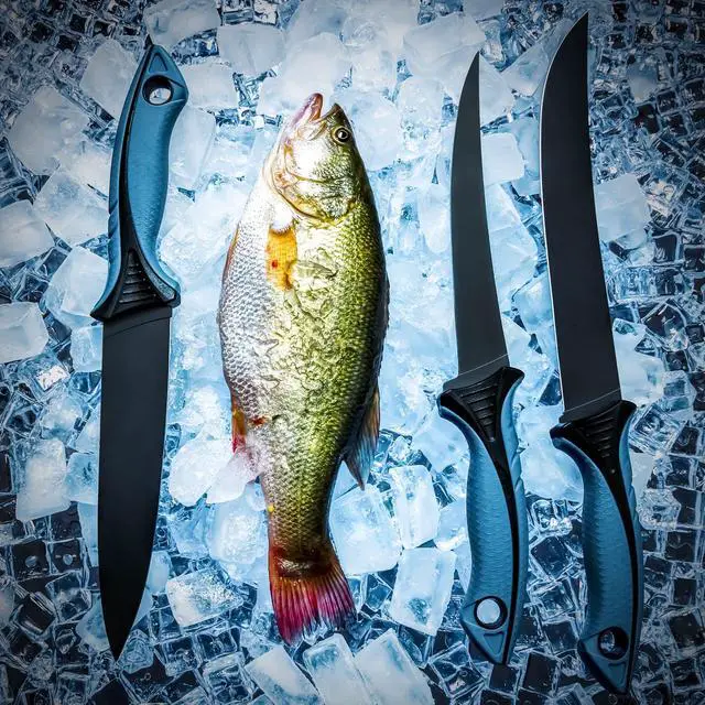 Alt view image 6 of 7 - Fish Fillet Knife Set Curved Flex 7 inch 9 inch Filet Knife for Filleting and Boning, Non-Slip Handles, Includes Fishing Braid Line Scissors, Fish Dressing Scissors, Filleting Pad