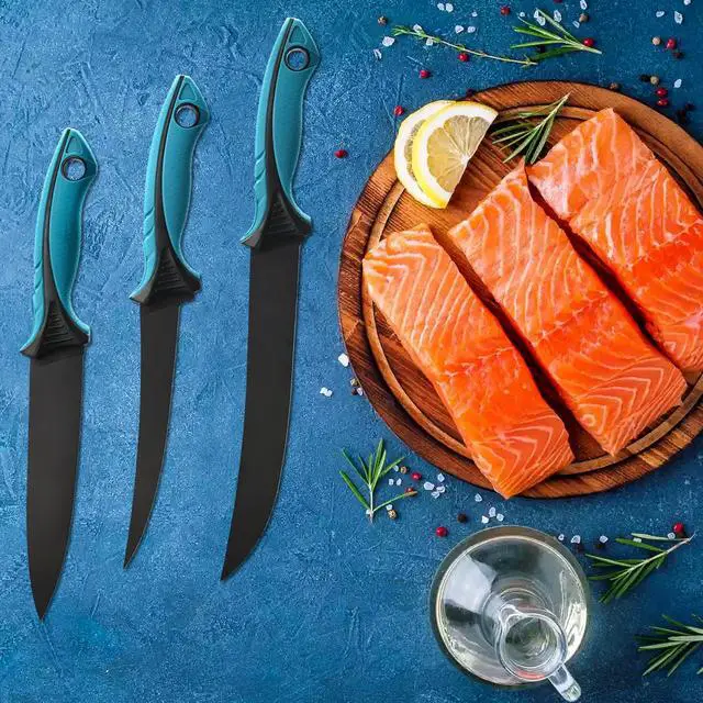 Alt view image 7 of 7 - Fish Fillet Knife Set Curved Flex 7 inch 9 inch Filet Knife for Filleting and Boning, Non-Slip Handles, Includes Fishing Braid Line Scissors, Fish Dressing Scissors, Filleting Pad