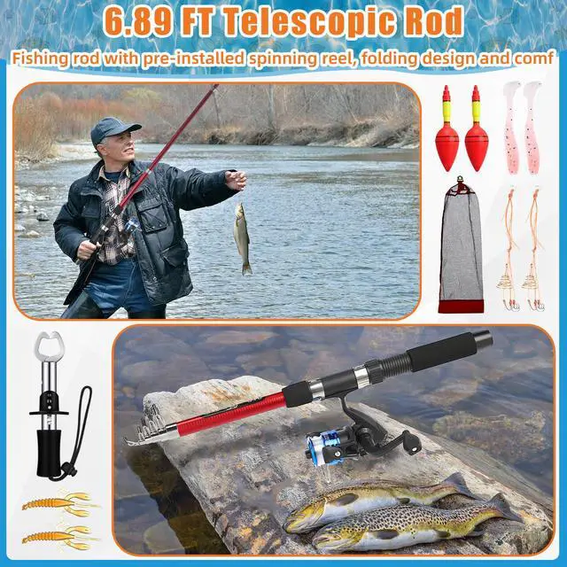 Alt view image 4 of 7 - Telescopic Fishing Rod and Reel Combo, 6.89ft 2pcs Collapsible Rod with Plier Lip Gripper Lures Carrier Bag Pre-Loaded Spinning Reel Saltwater Freshwater Fishing Pole Kit