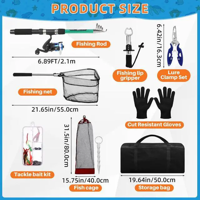 Alt view image 2 of 7 - Telescopic Fishing Rod and Reel Combo, 6.89ft 2pcs Collapsible Rod with Plier Lip Gripper Lures Carrier Bag Pre-Loaded Spinning Reel Saltwater Freshwater Fishing Pole Kit