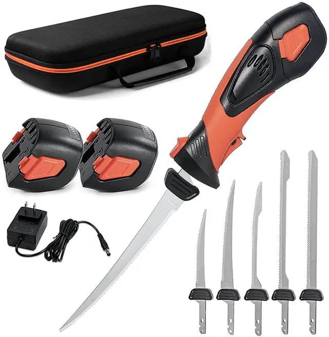 Main image of Cordless Electric Fillet Knife - 5 Ti-Nitride Coated Non-Stick Blades, Ergonomic Non-Slip Grip Handle & Cooling Vent Stylish with Carry Bag,Perfect Electric Knife for Effortless Fishing (Orange)