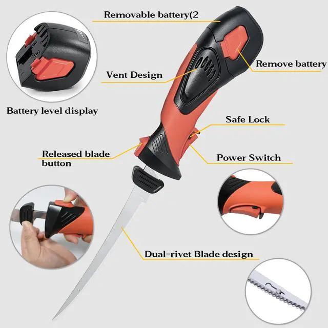 Alt view image 3 of 7 - Cordless Electric Fillet Knife - 5 Ti-Nitride Coated Non-Stick Blades, Ergonomic Non-Slip Grip Handle & Cooling Vent Stylish with Carry Bag,Perfect Electric Knife for Effortless Fishing (Orange)